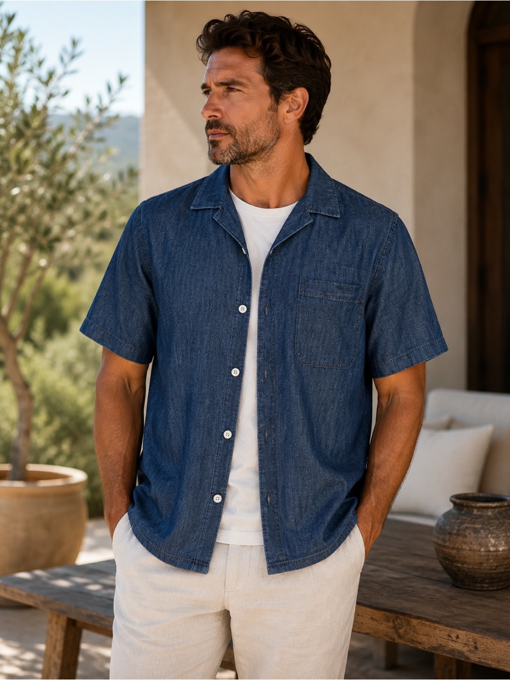 Kenneth Cole Men’s 100% Cotton Chambray Camp Shirt Blue S M NWT
